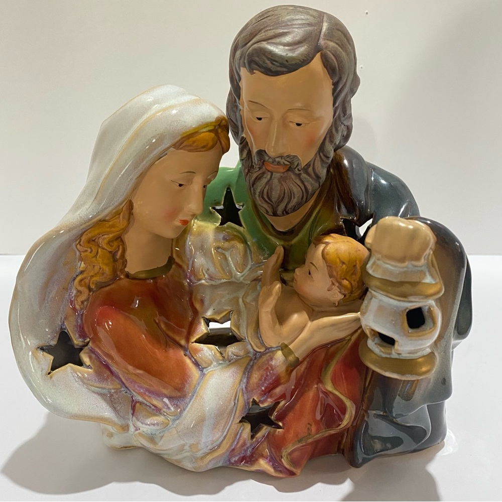 VTG Holy Family Nativity Ceramic Luminary Tealight Mary Joseph Baby Jesus